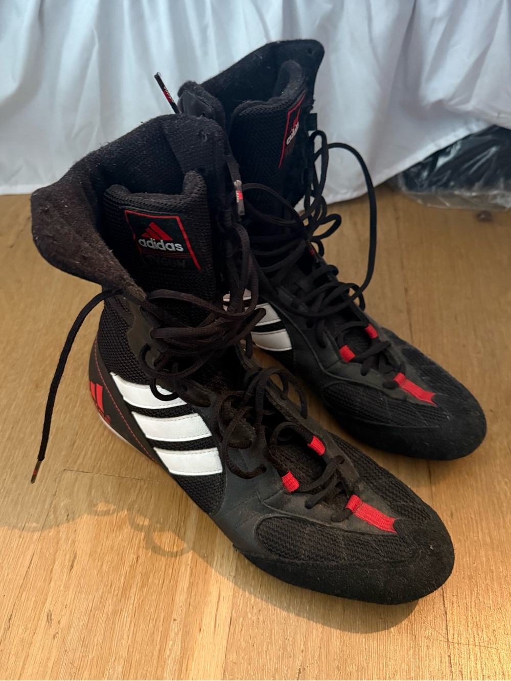 adidas Black Boxing Boots with White Stripes and Red Accents